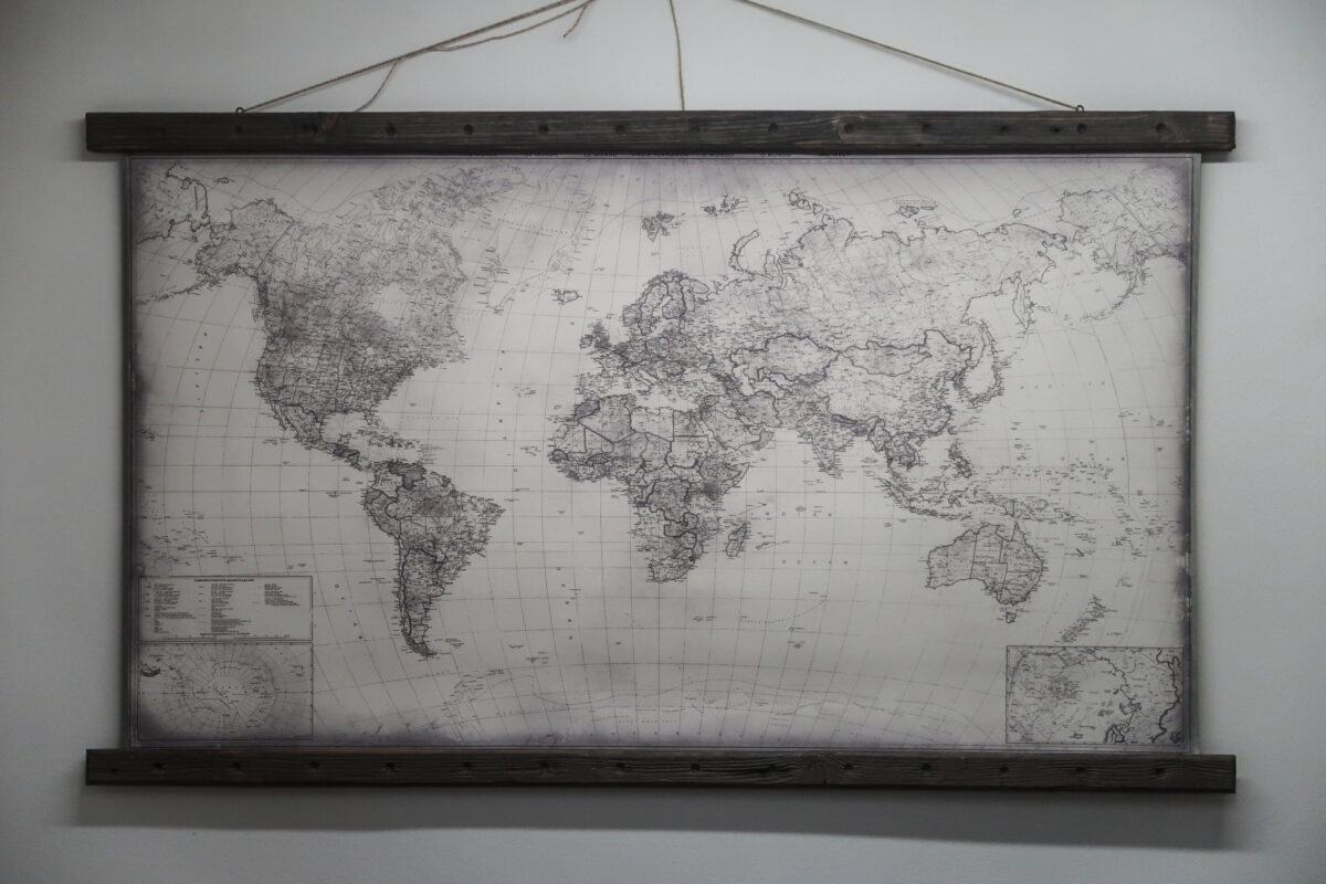 Gray World Map 2021 | Gray Wooden Pull-Down Frame
