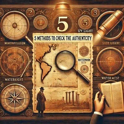 How to Choose the Perfect Historical Map for Your Collection- A Complete Guide 5 Vintage-style illustration of an antique map with verification tools like a magnifying glass, UV light, watermark test, historical book, and expert analysis. The title "5 Methods to Check the Authenticity of Rare Maps" is written in a classic font.