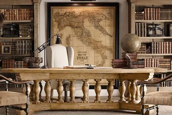 Why Antique Maps Are Trending in Home Decor Right Now 1 Antique map of Italy displayed in a sophisticated home office setting.