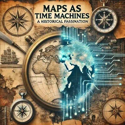 From Pirates to Pioneers: Why We’re Fascinated with Historical Maps 3 Historical maps and compasses with digital globe and data overlays.